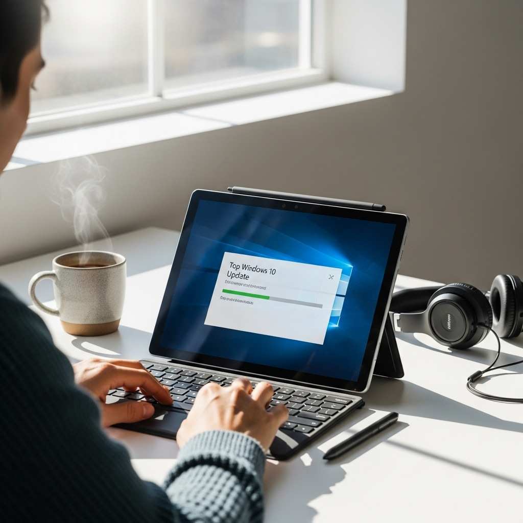 Create a realistic, high-quality DSLR-style photo of a tablet-focused scene for a blog about Top Tab