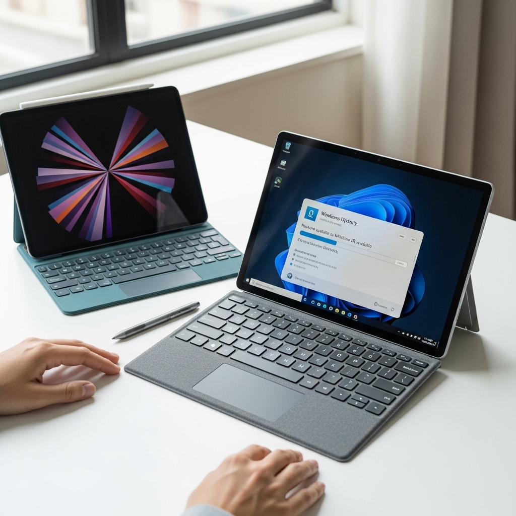 Create a realistic, high-quality DSLR-style photo of a tablet-focused scene for a blog about Top Tab