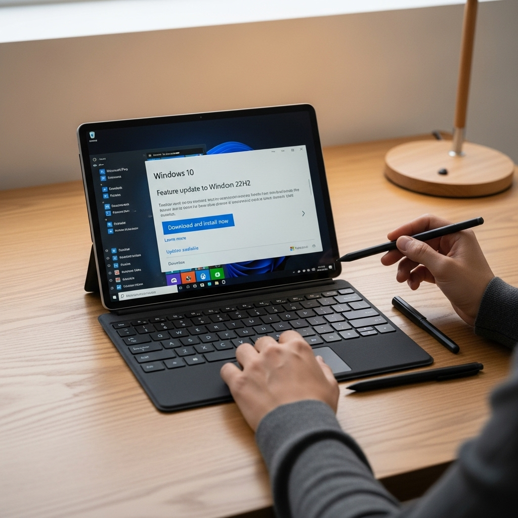 Create a realistic, high-quality DSLR-style photo of a tablet-focused scene for a blog about Top Tab
