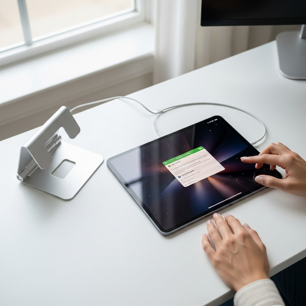 Create a realistic, high-quality DSLR-style photo of a tablet-focused scene for a blog about Step by