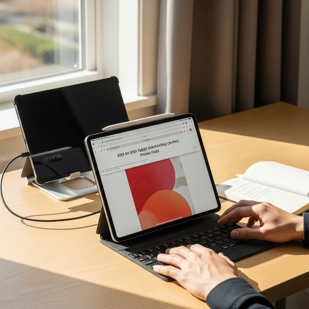 Create a realistic, high-quality DSLR-style photo of a tablet-focused scene for a blog about Step by