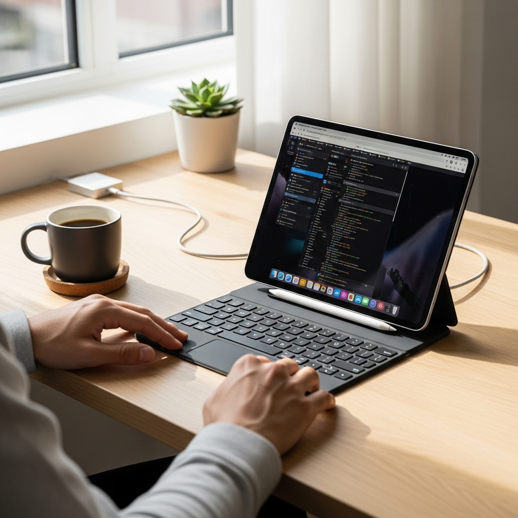 Create a realistic, high-quality DSLR-style photo of a tablet-focused scene for a blog about Step by