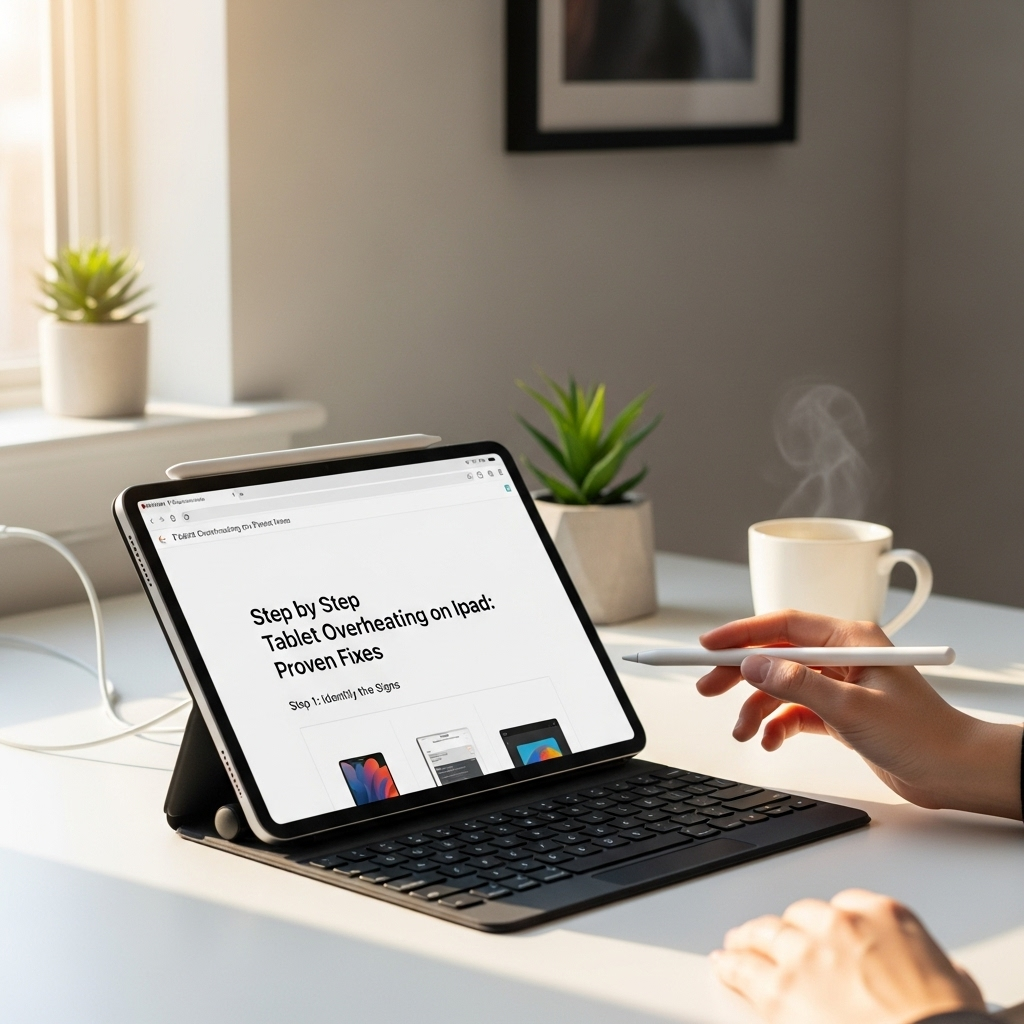 Create a realistic, high-quality DSLR-style photo of a tablet-focused scene for a blog about Step by