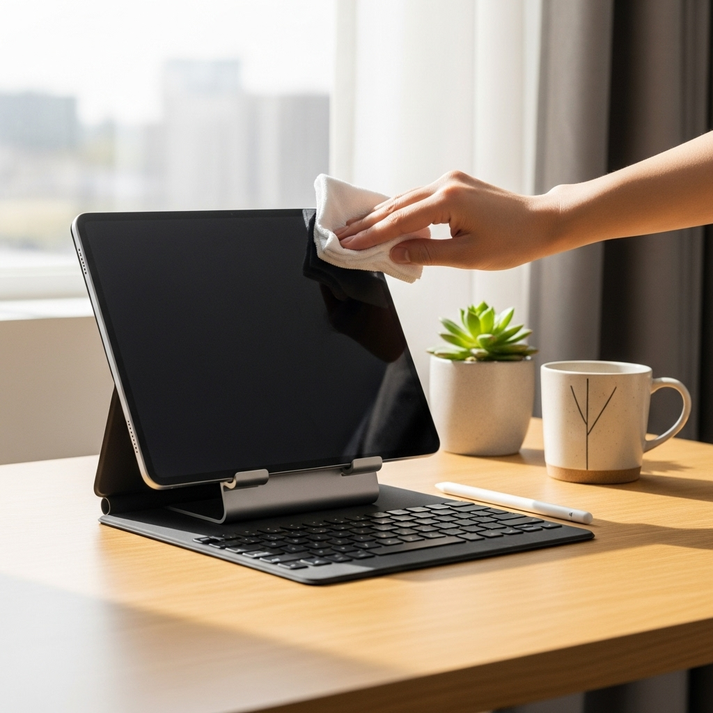 Create a realistic, high-quality DSLR-style photo of a tablet-focused scene for a blog about Simple