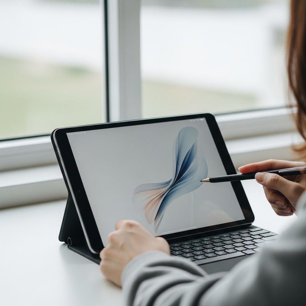 Create a realistic, high-quality DSLR-style photo of a tablet-focused scene for a blog about Simple
