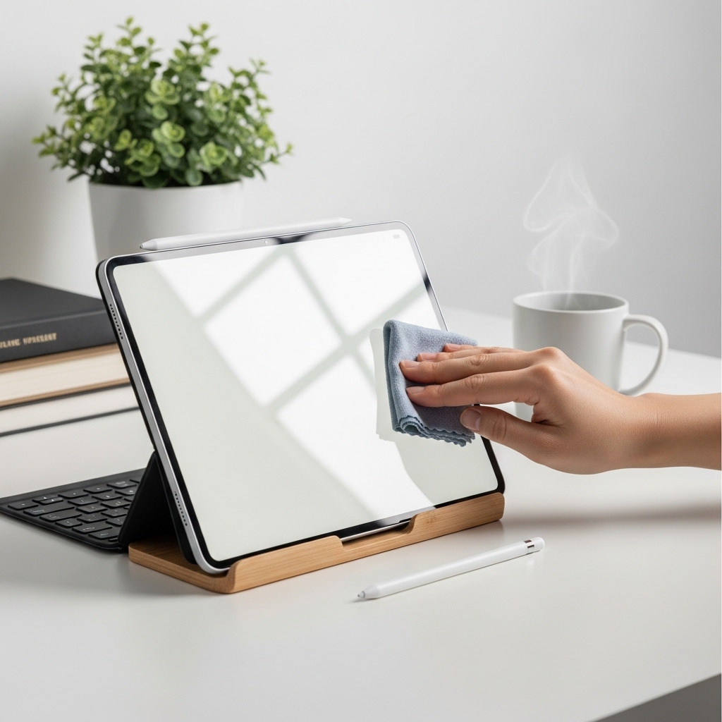 Create a realistic, high-quality DSLR-style photo of a tablet-focused scene for a blog about Simple