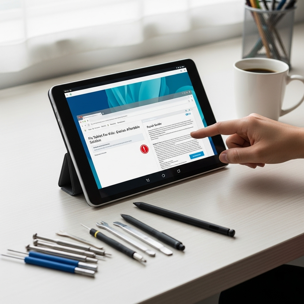 Create a realistic, high-quality DSLR-style photo of a tablet-focused scene for a blog about Fix Tab