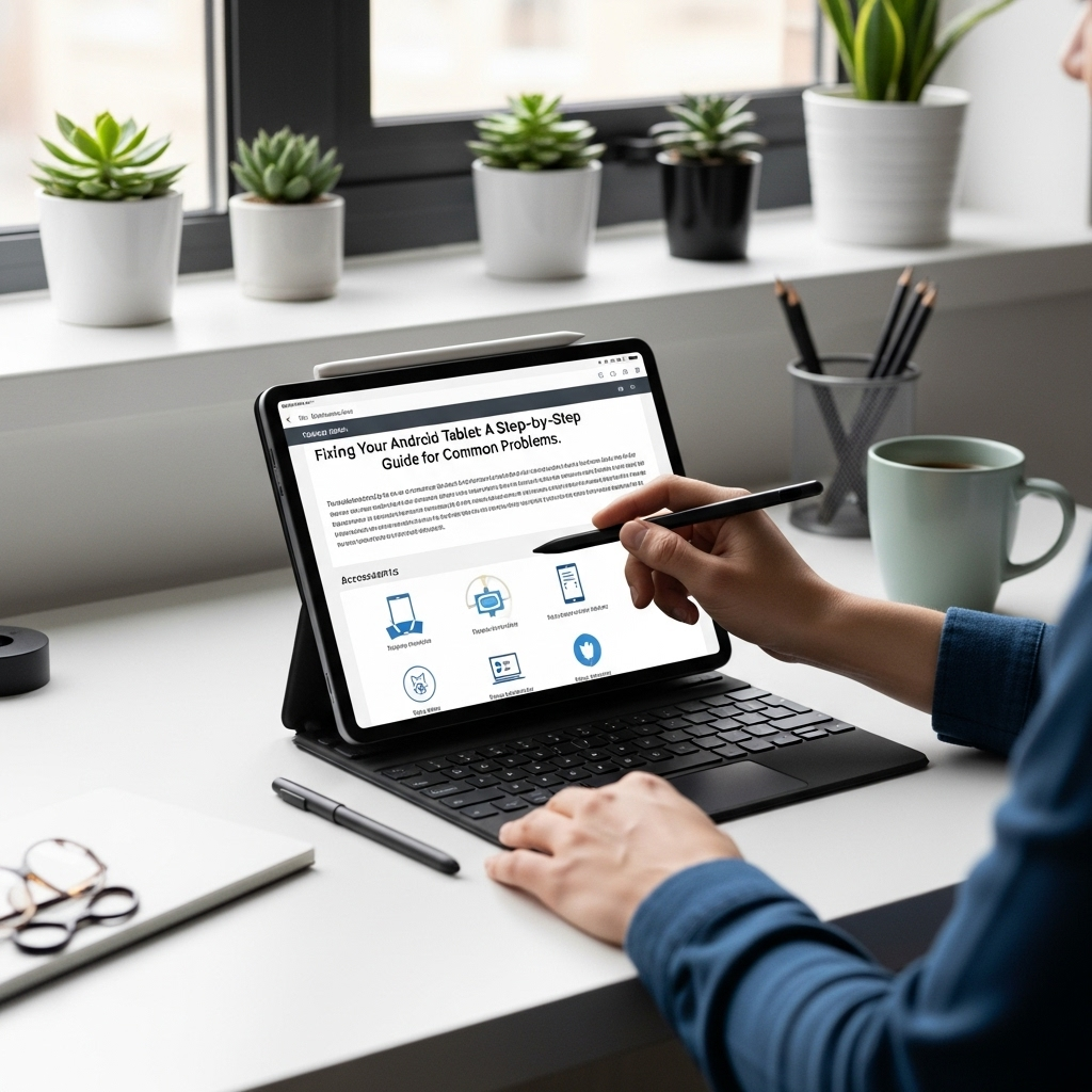 Create a realistic, high-quality DSLR-style photo of a tablet-focused scene for a blog about Fix Tab