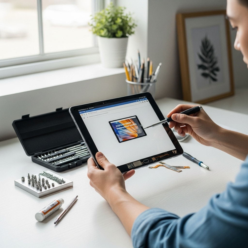 Create a realistic, high-quality DSLR-style photo of a tablet-focused scene for a blog about Fix Tab
