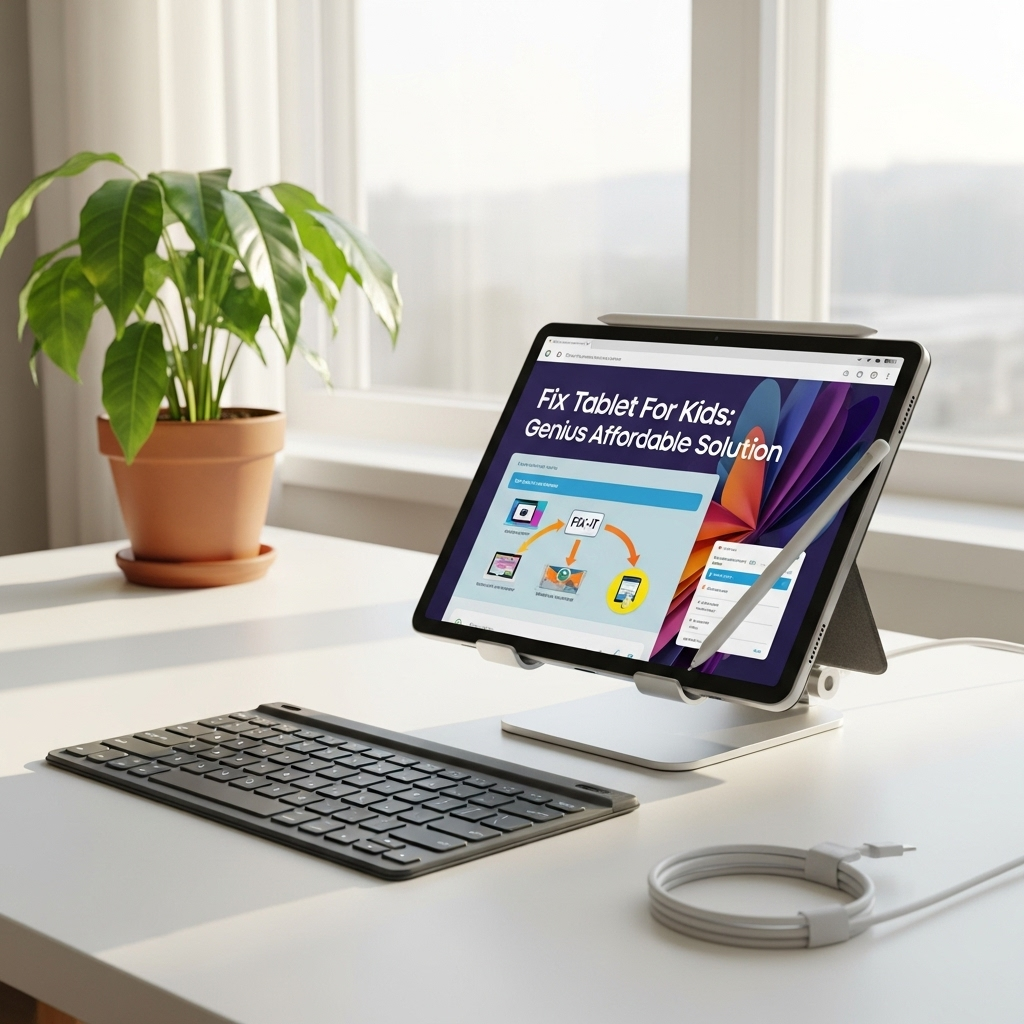 Create a realistic, high-quality DSLR-style photo of a tablet-focused scene for a blog about Fix Tab