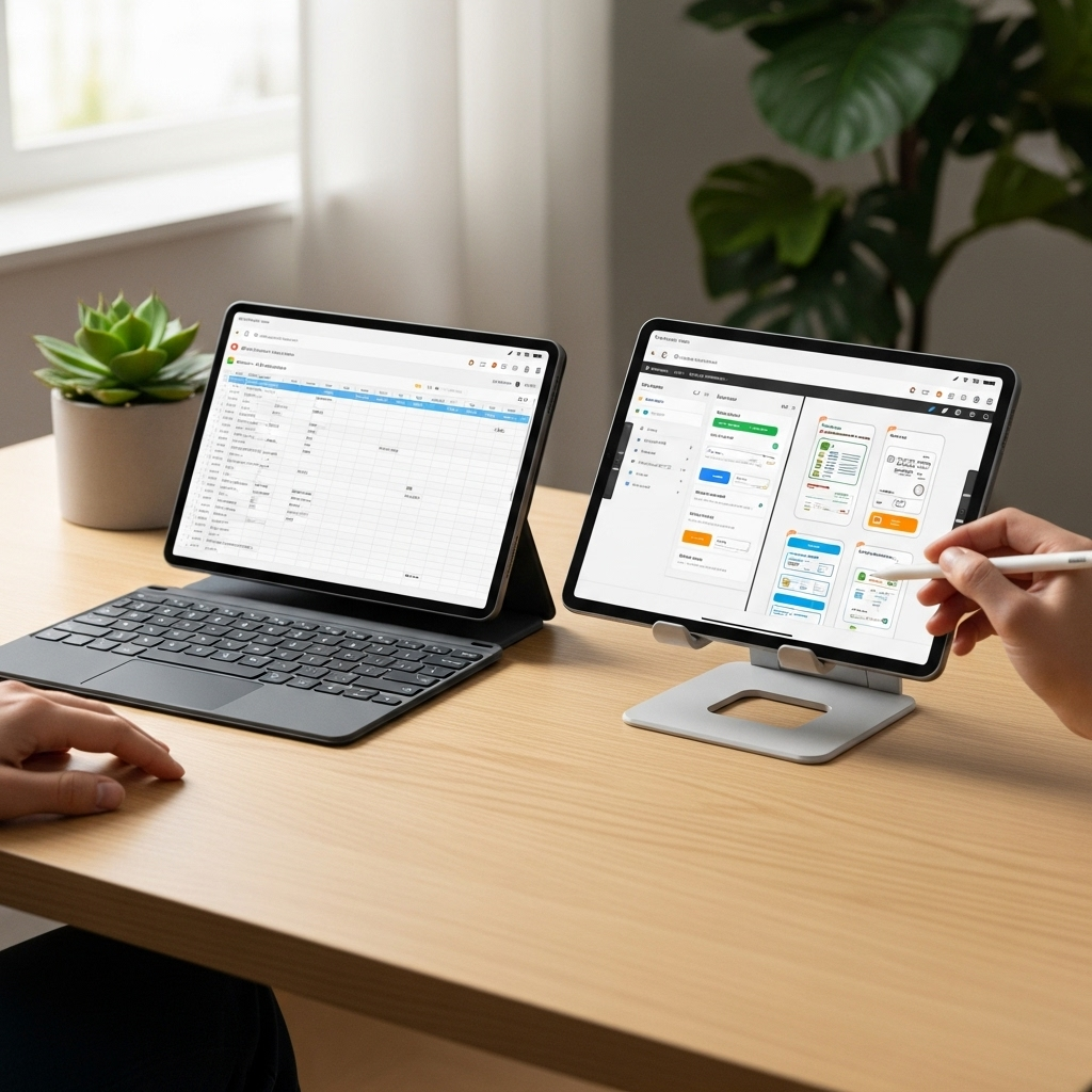 Create a realistic, high-quality DSLR-style photo of a tablet-focused scene for a blog about Top Tab
