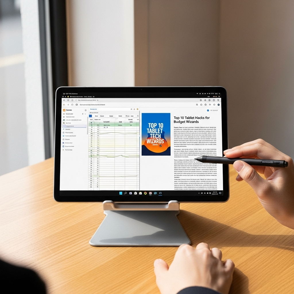 Create a realistic, high-quality DSLR-style photo of a tablet-focused scene for a blog about Top Tab