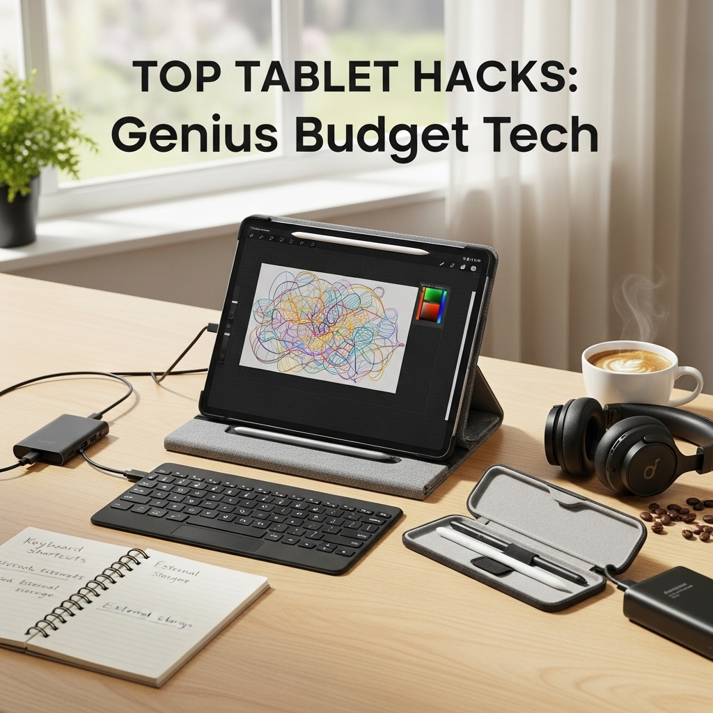 Create a realistic, high-quality DSLR-style photo of a tablet-focused scene for a blog about Top Tab