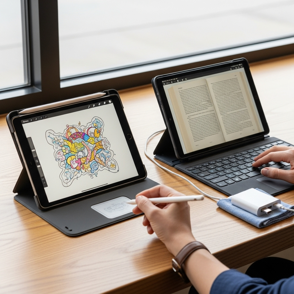 Create a realistic, high-quality DSLR-style photo of a tablet-focused scene for a blog about Top Tab