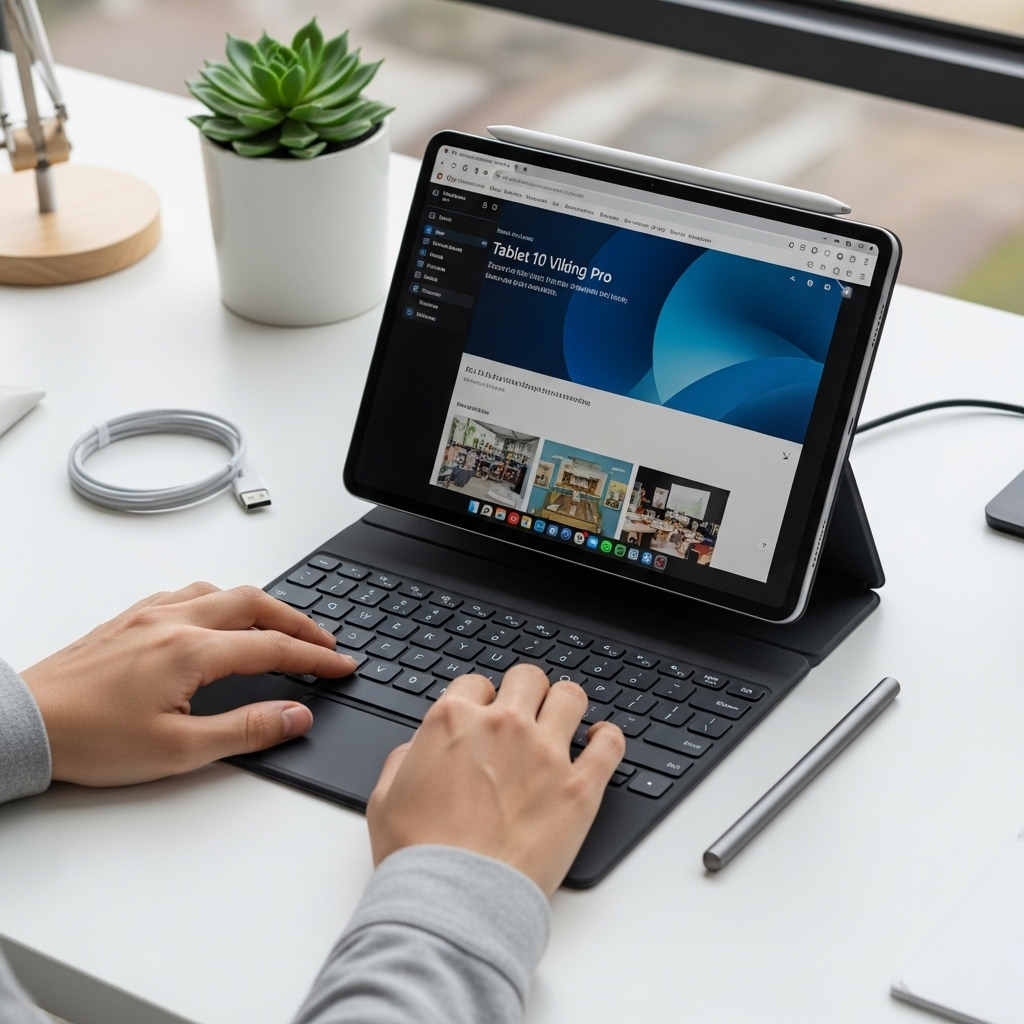 Create a realistic, high-quality DSLR-style photo of a tablet-focused scene for a blog about RCA Tab