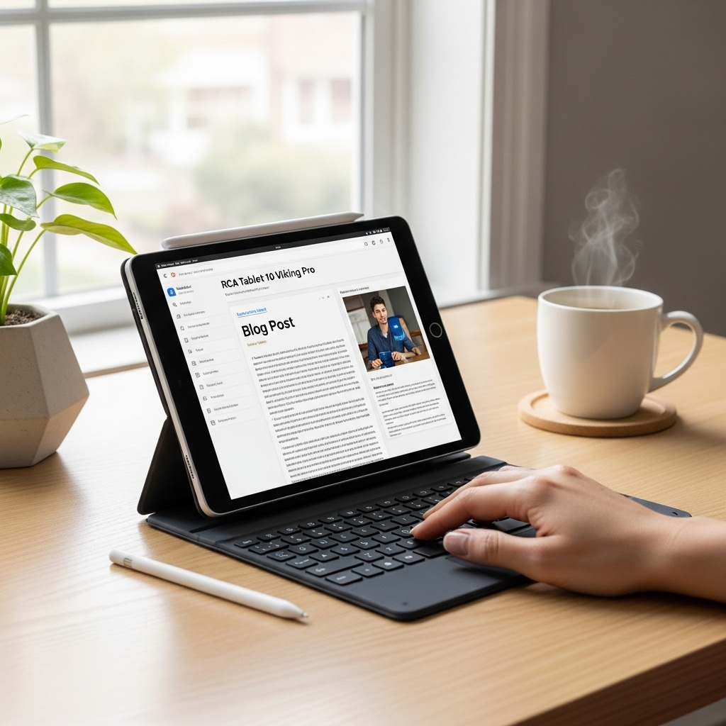Create a realistic, high-quality DSLR-style photo of a tablet-focused scene for a blog about RCA Tab