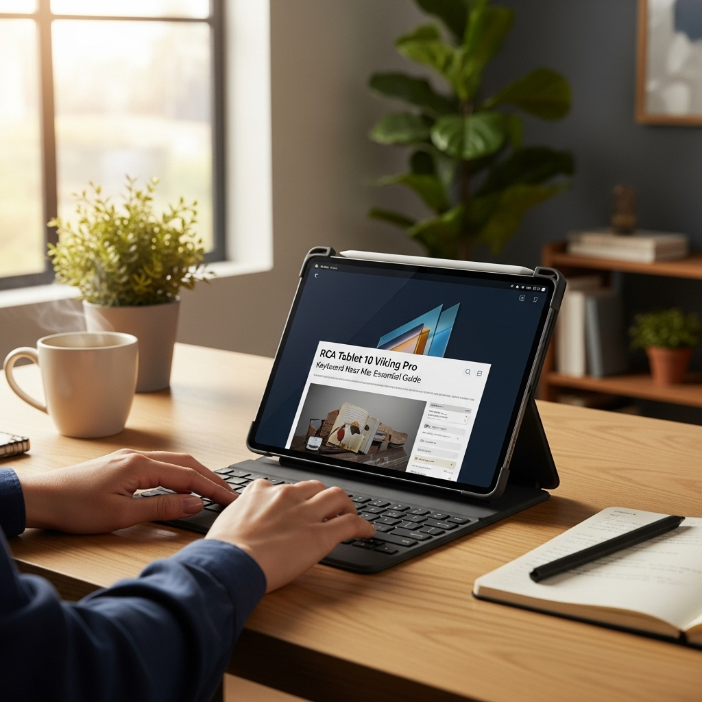 Create a realistic, high-quality DSLR-style photo of a tablet-focused scene for a blog about RCA Tab