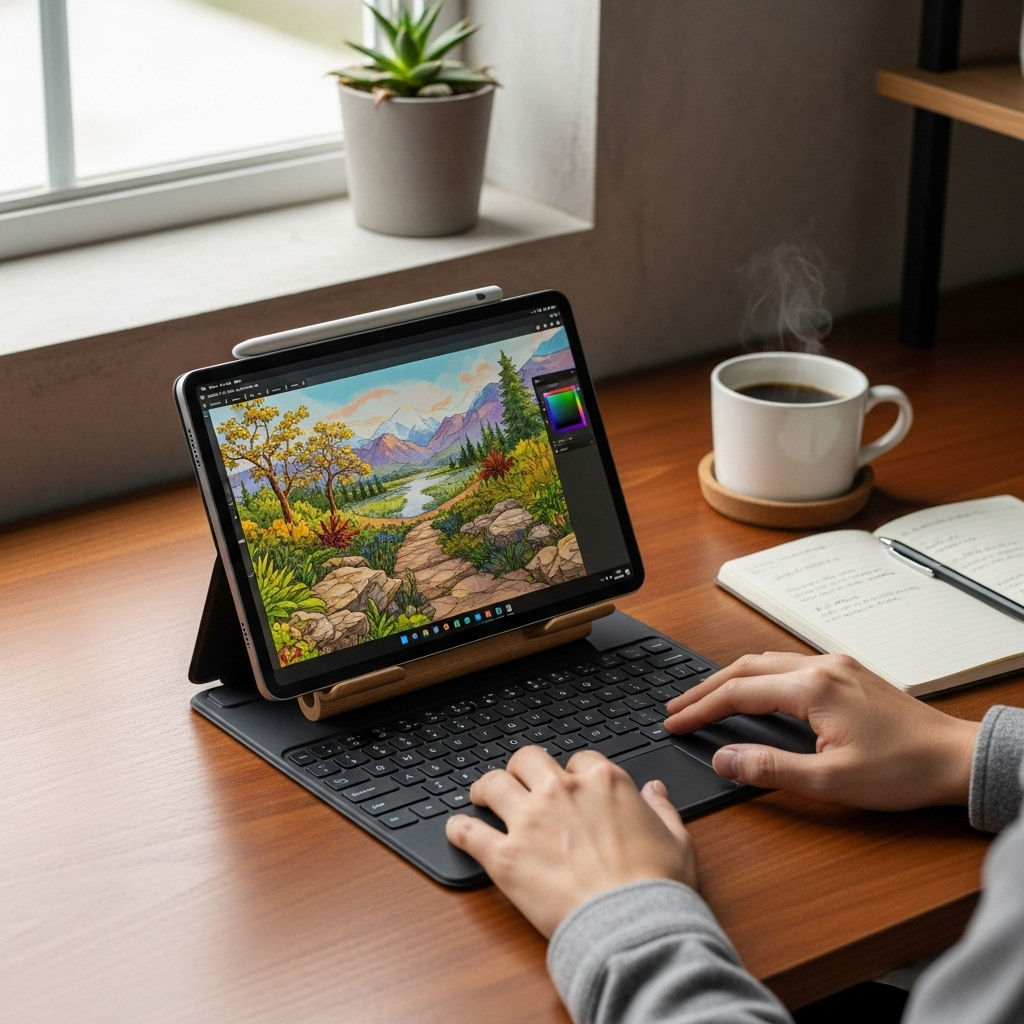 Create a realistic, high-quality DSLR-style photo of a tablet-focused scene for a blog about RCA Tab