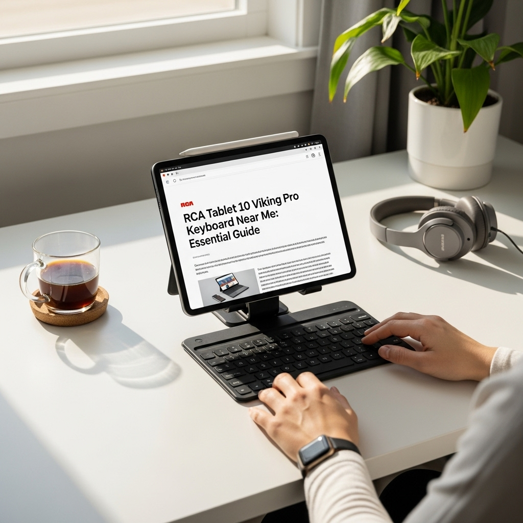 Create a realistic, high-quality DSLR-style photo of a tablet-focused scene for a blog about RCA Tab