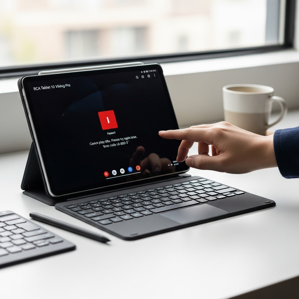 Create a realistic, high-quality DSLR-style photo of a tablet-focused scene for a blog about RCA Tab