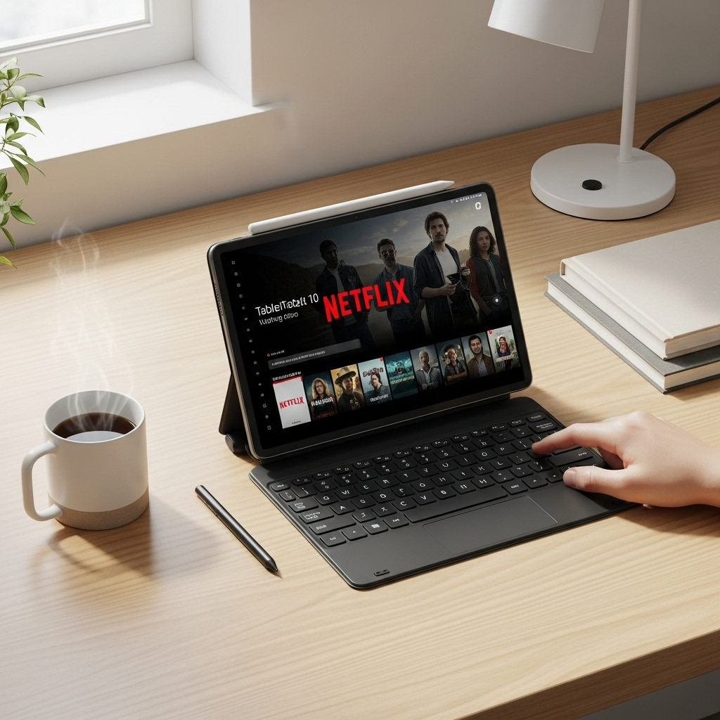 Create a realistic, high-quality DSLR-style photo of a tablet-focused scene for a blog about RCA Tab