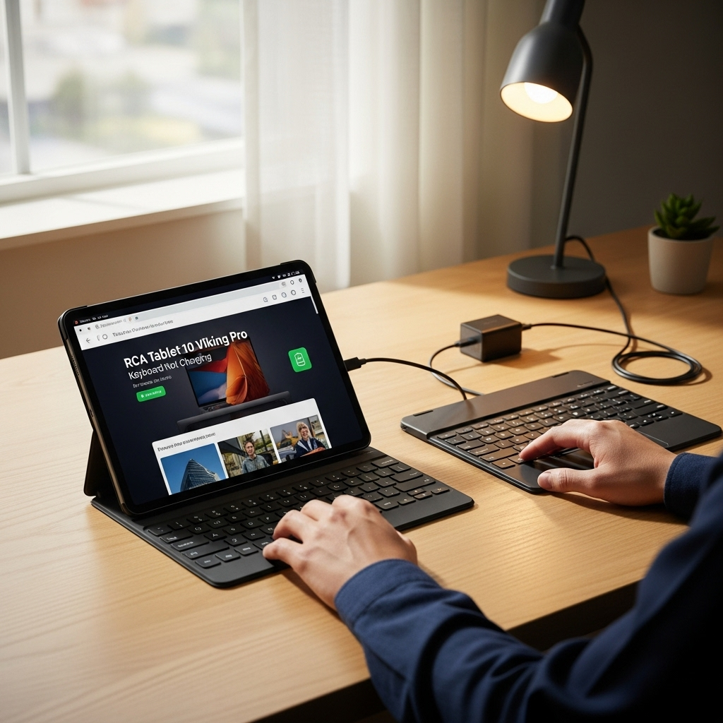 Create a realistic, high-quality DSLR-style photo of a tablet-focused scene for a blog about RCA Tab