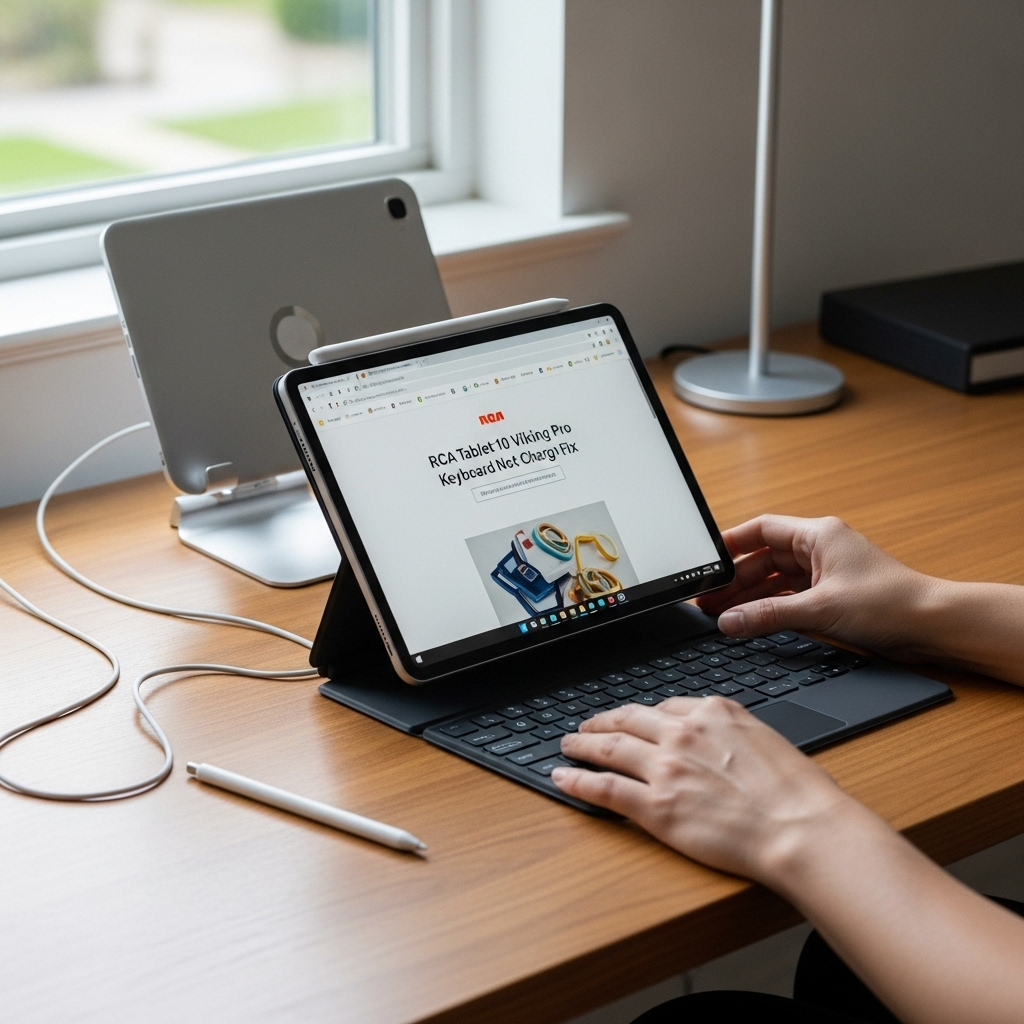 Create a realistic, high-quality DSLR-style photo of a tablet-focused scene for a blog about RCA Tab