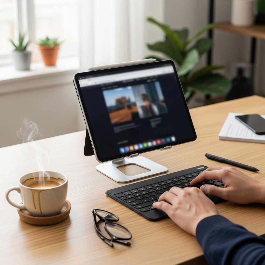 Create a realistic, high-quality DSLR-style photo of a tablet-focused scene for a blog about RCA Tab