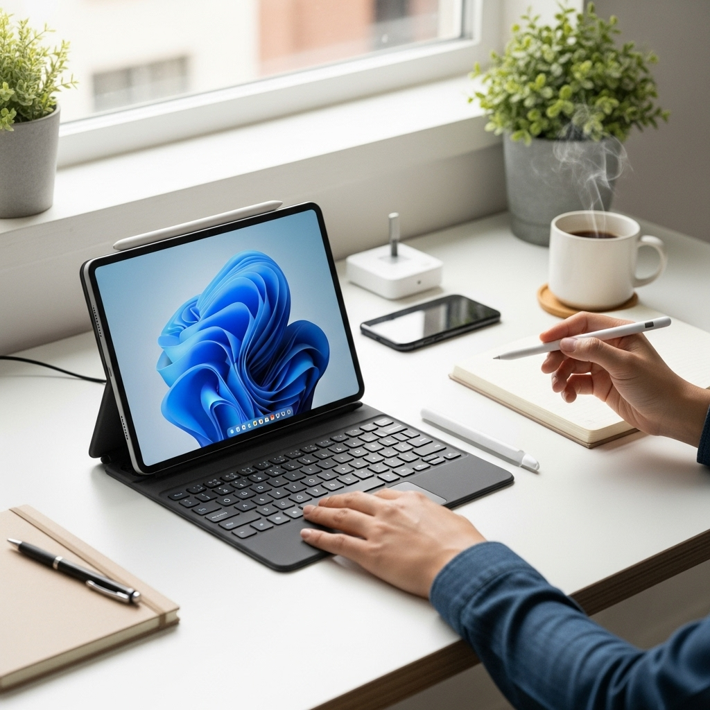 Create a realistic, high-quality DSLR-style photo of a tablet-focused scene for a blog about RCA Tab