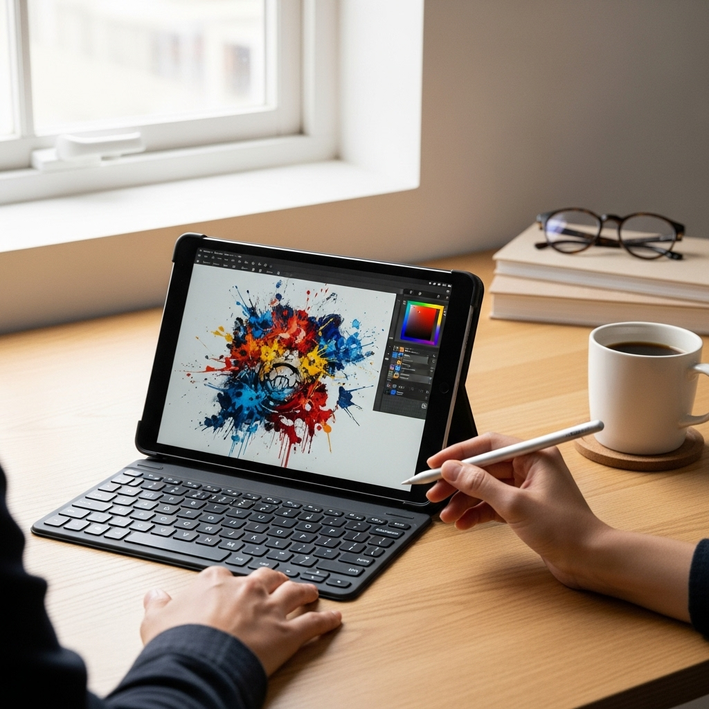 Create a realistic, high-quality DSLR-style photo of a tablet-focused scene for a blog about RCA Tab
