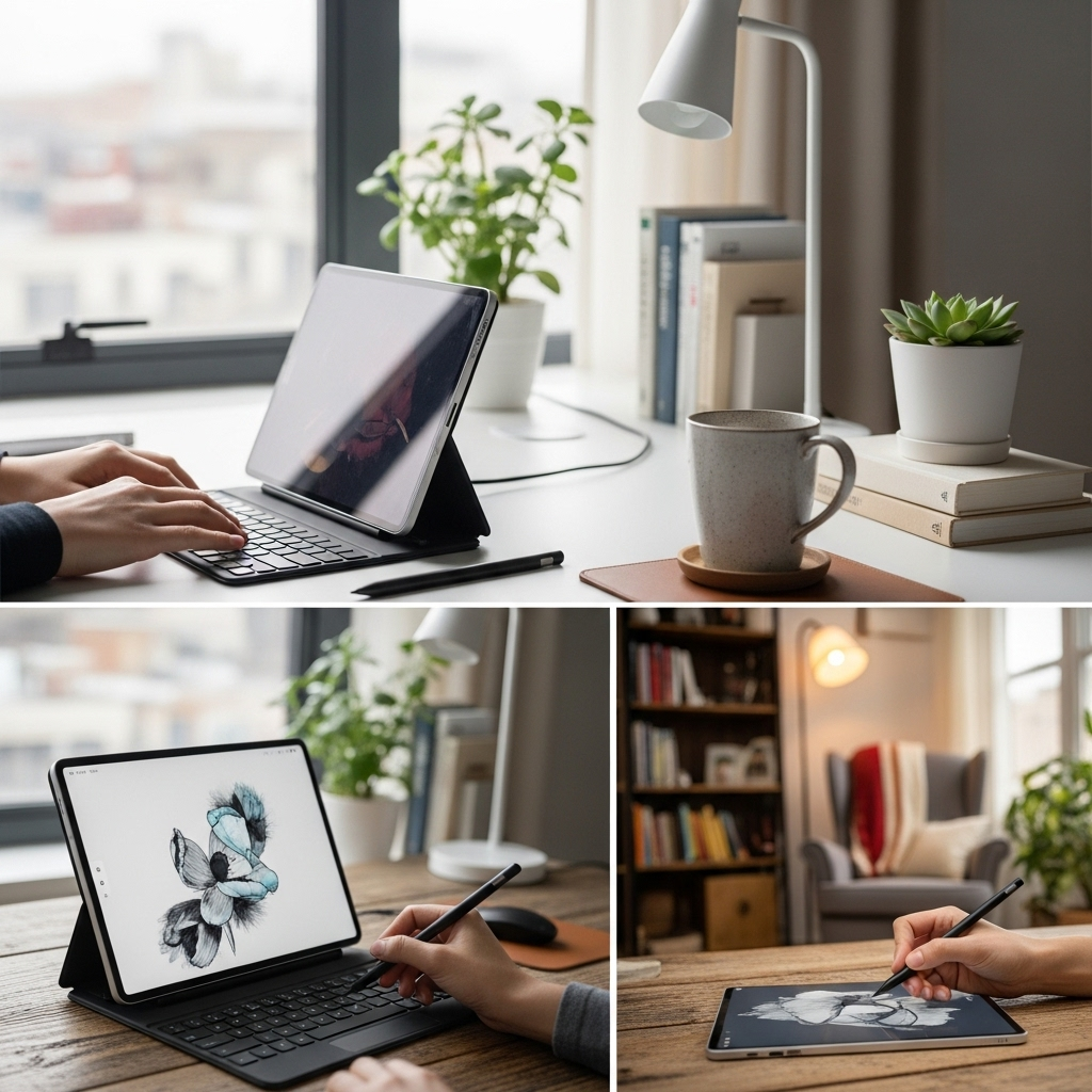 Create a realistic, high-quality DSLR-style photo of a tablet-focused scene for a blog about RCA Tab