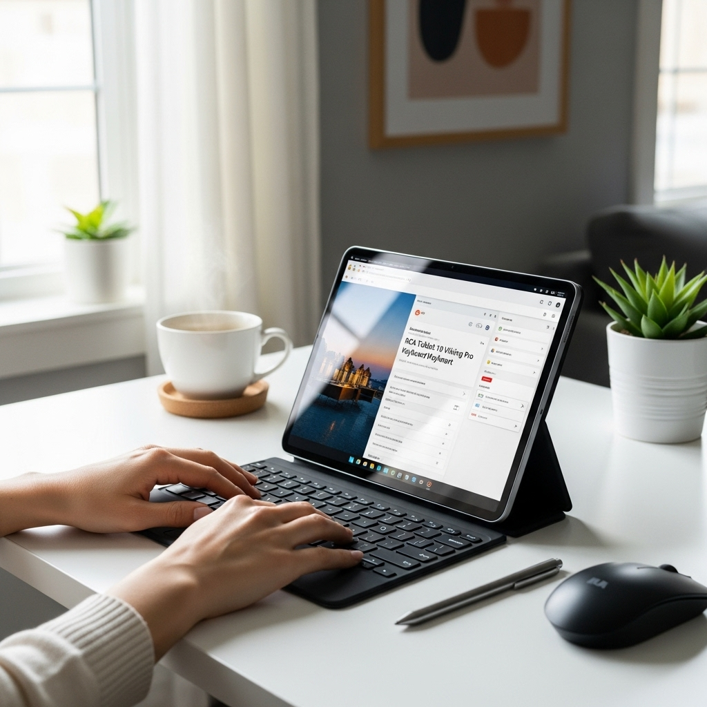 Create a realistic, high-quality DSLR-style photo of a tablet-focused scene for a blog about RCA Tab