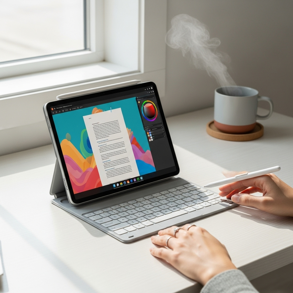 Create a realistic, high-quality DSLR-style photo of a tablet-focused scene for a blog about RCA Tab
