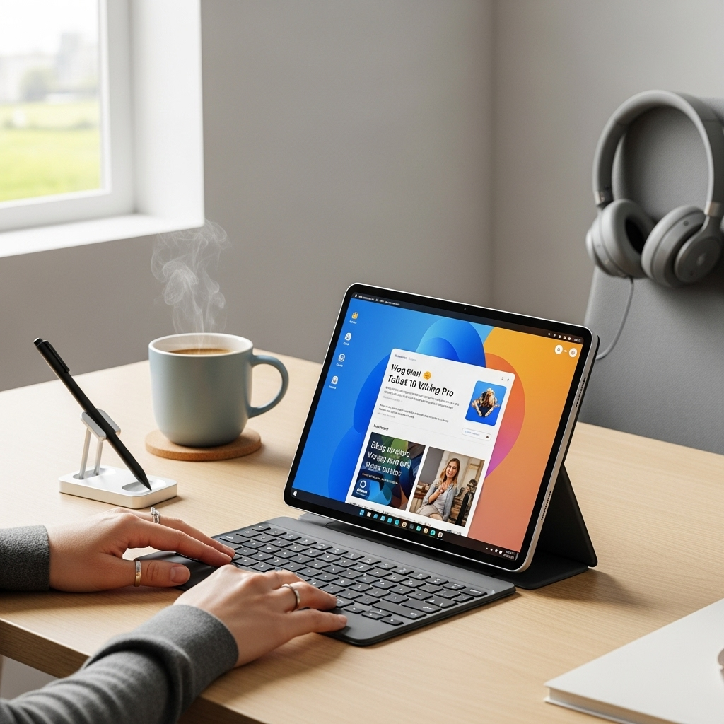 Create a realistic, high-quality DSLR-style photo of a tablet-focused scene for a blog about RCA Tab