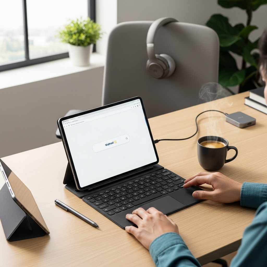 Create a realistic, high-quality DSLR-style photo of a tablet-focused scene for a blog about RCA Tab