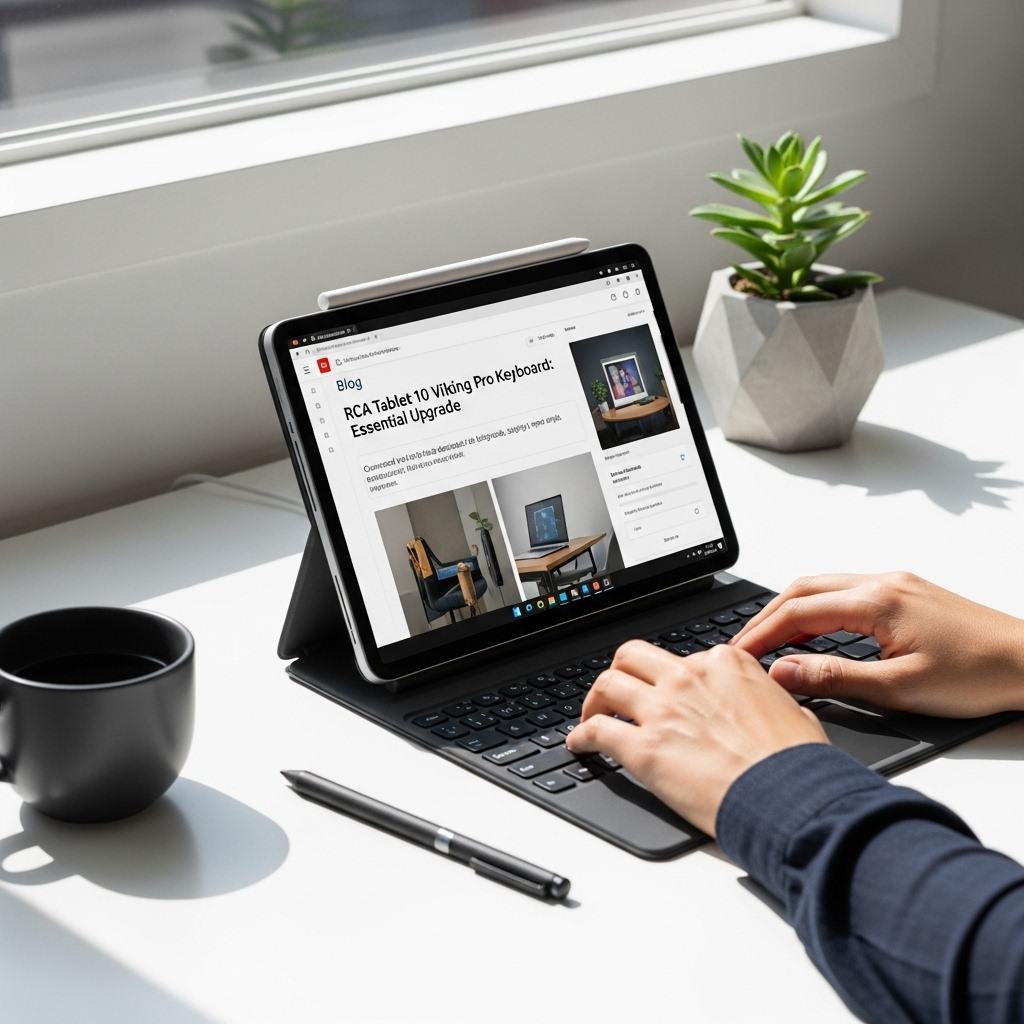Create a realistic, high-quality DSLR-style photo of a tablet-focused scene for a blog about RCA Tab