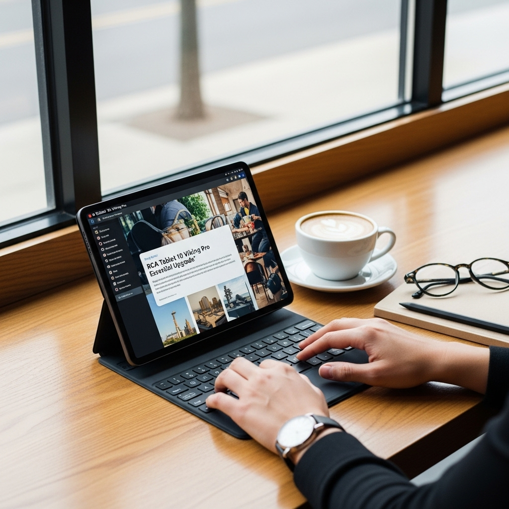 Create a realistic, high-quality DSLR-style photo of a tablet-focused scene for a blog about RCA Tab