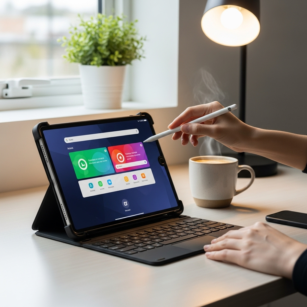 Create a realistic, high-quality DSLR-style photo of a tablet-focused scene for a blog about RCA Tab