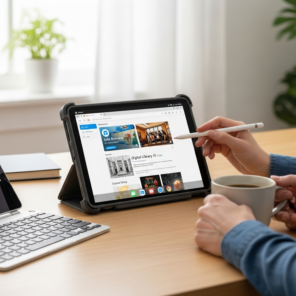 Create a realistic, high-quality DSLR-style photo of a tablet-focused scene for a blog about RCA Tab