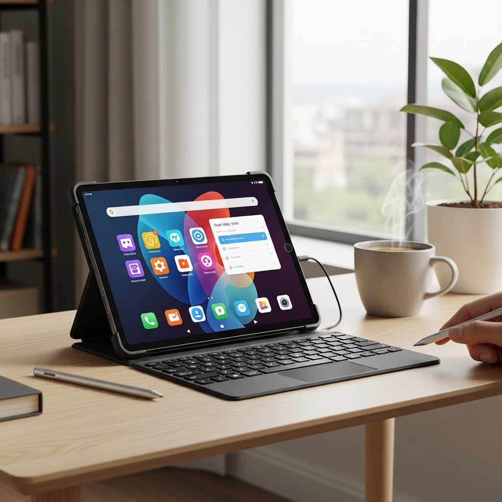 Create a realistic, high-quality DSLR-style photo of a tablet-focused scene for a blog about RCA Tab