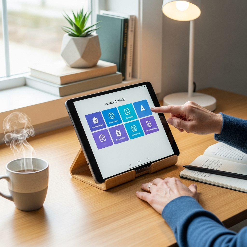 Create a realistic, high-quality DSLR-style photo of a tablet-focused scene for a blog about RCA Tab