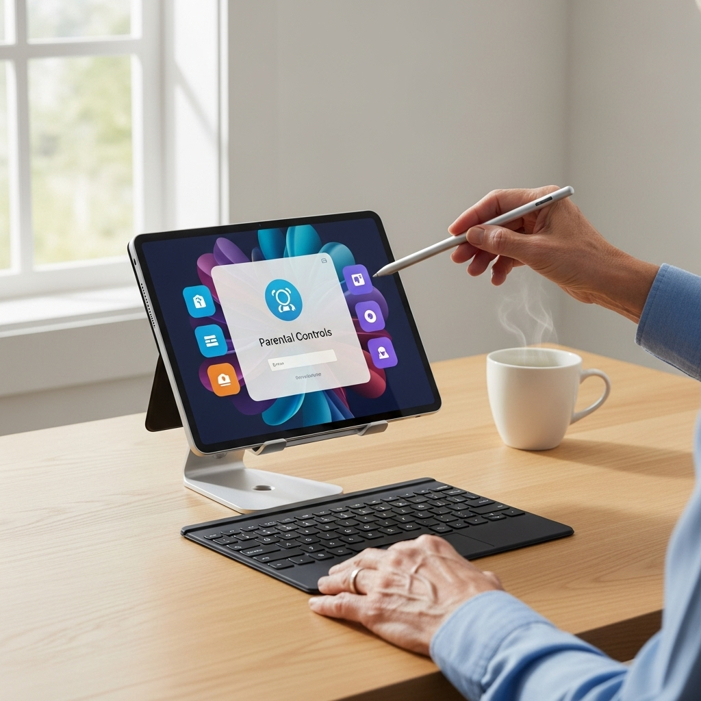 Create a realistic, high-quality DSLR-style photo of a tablet-focused scene for a blog about RCA Tab