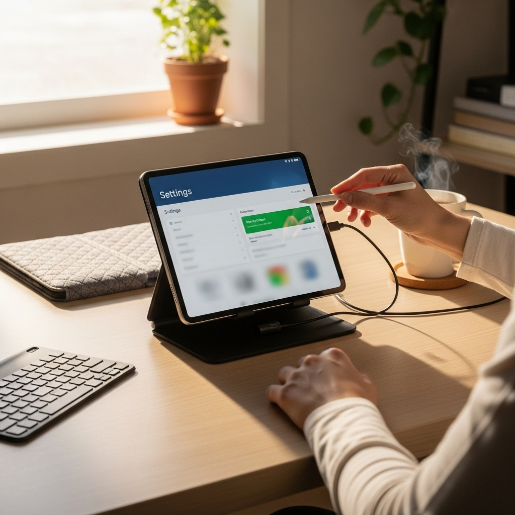 Create a realistic, high-quality DSLR-style photo of a tablet-focused scene for a blog about RCA Tab