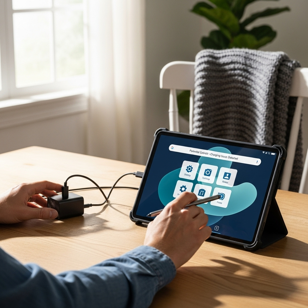 Create a realistic, high-quality DSLR-style photo of a tablet-focused scene for a blog about RCA Tab
