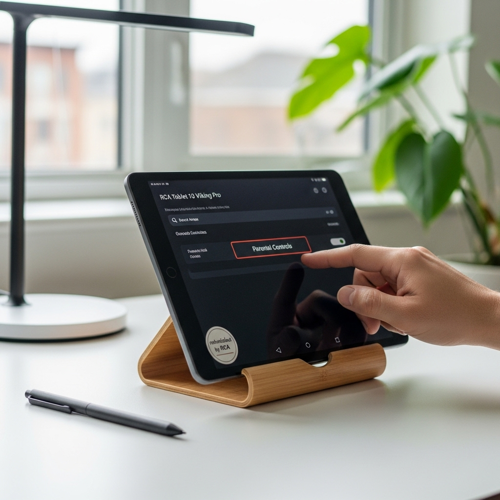 Create a realistic, high-quality DSLR-style photo of a tablet-focused scene for a blog about RCA Tab