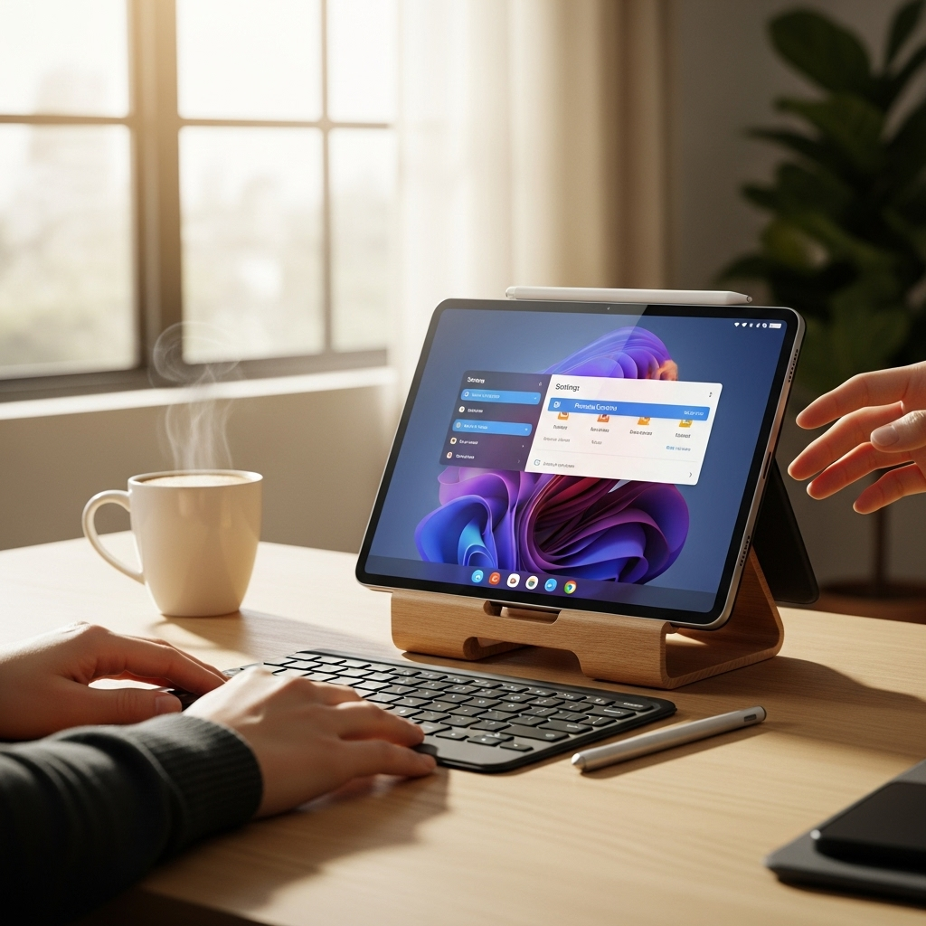 Create a realistic, high-quality DSLR-style photo of a tablet-focused scene for a blog about RCA Tab