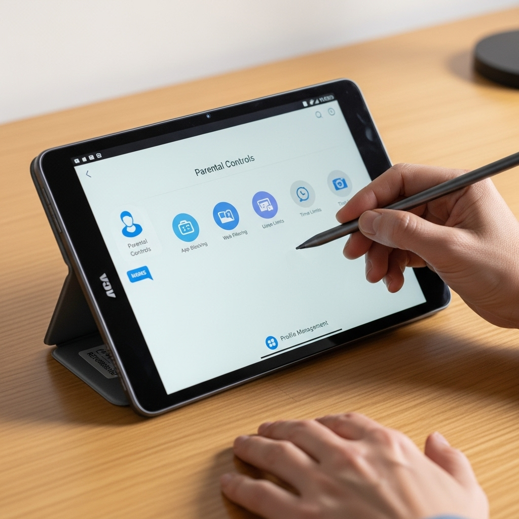 Create a realistic, high-quality DSLR-style photo of a tablet-focused scene for a blog about RCA Tab