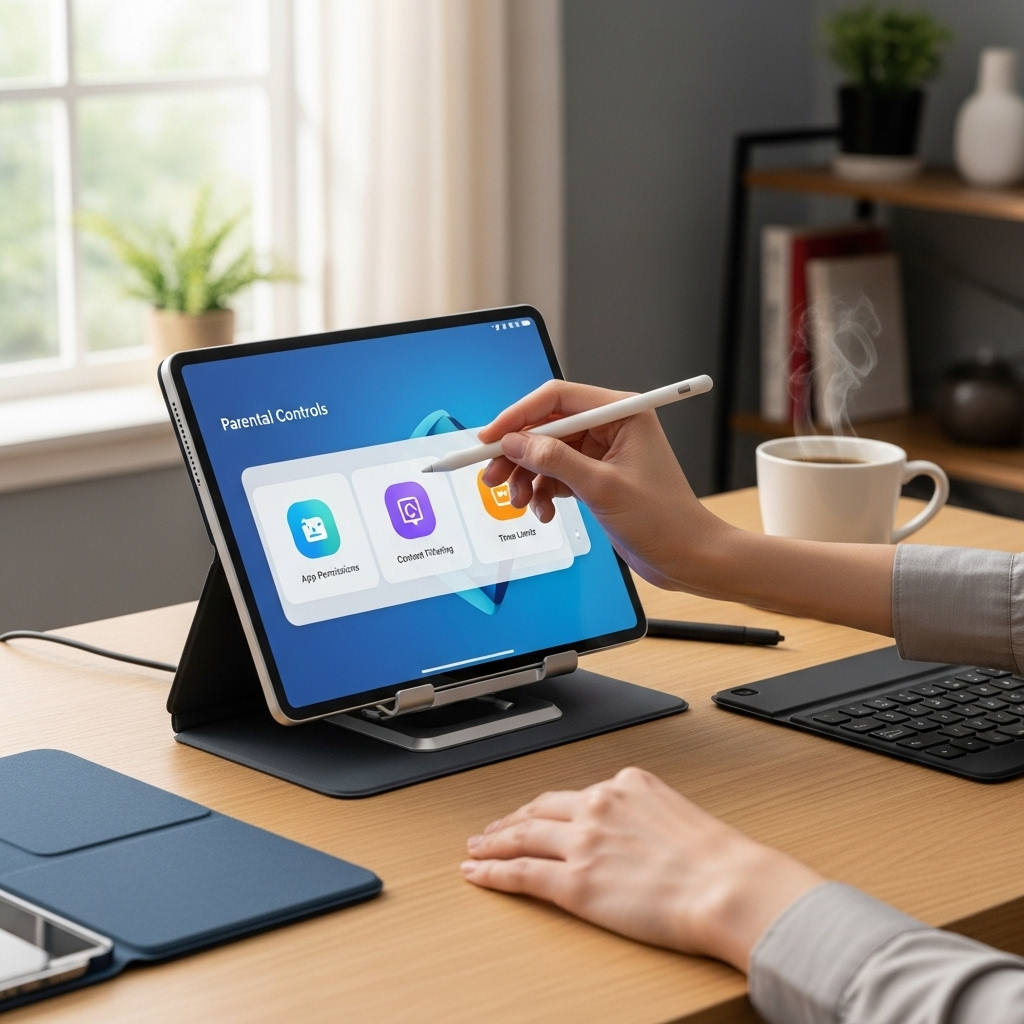 Create a realistic, high-quality DSLR-style photo of a tablet-focused scene for a blog about RCA Tab