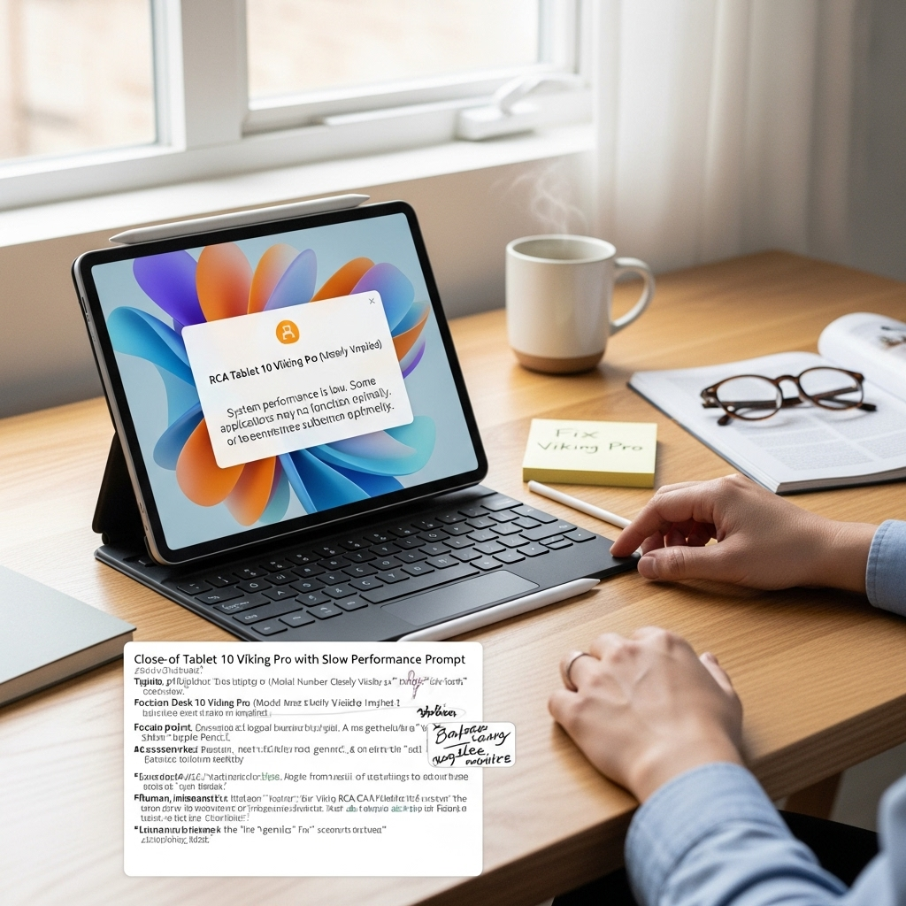 Create a realistic, high-quality DSLR-style photo of a tablet-focused scene for a blog about RCA Tab