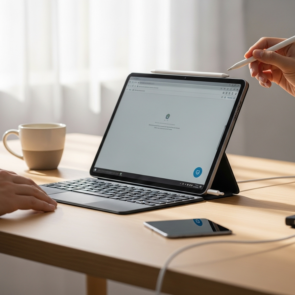 Create a realistic, high-quality DSLR-style photo of a tablet-focused scene for a blog about RCA Tab